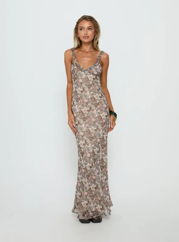 Baley Bias Cut Frill Maxi Dress Paisley made by Princess Polly