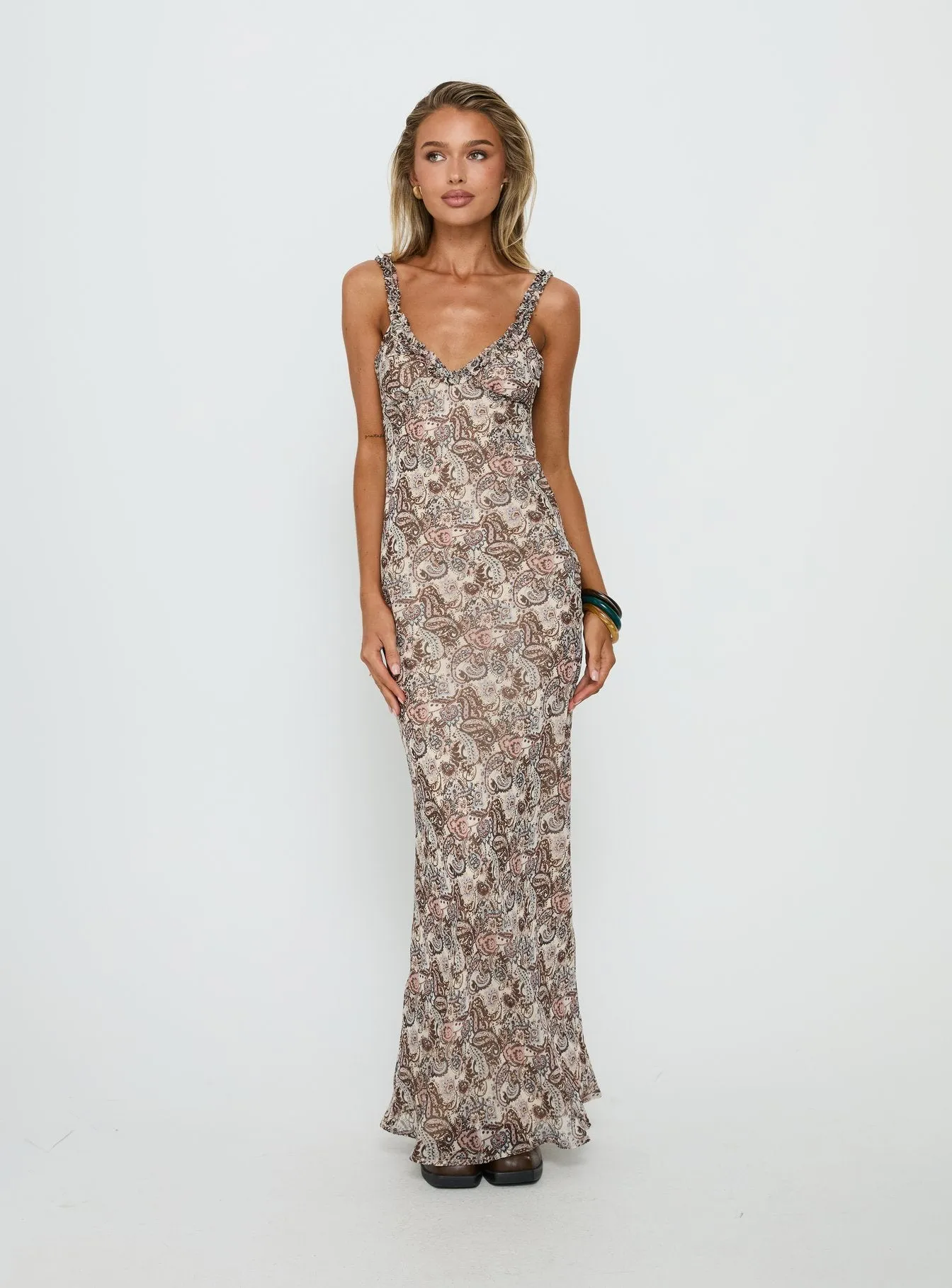Baley Bias Cut Frill Maxi Dress Paisley sold by Princess Polly