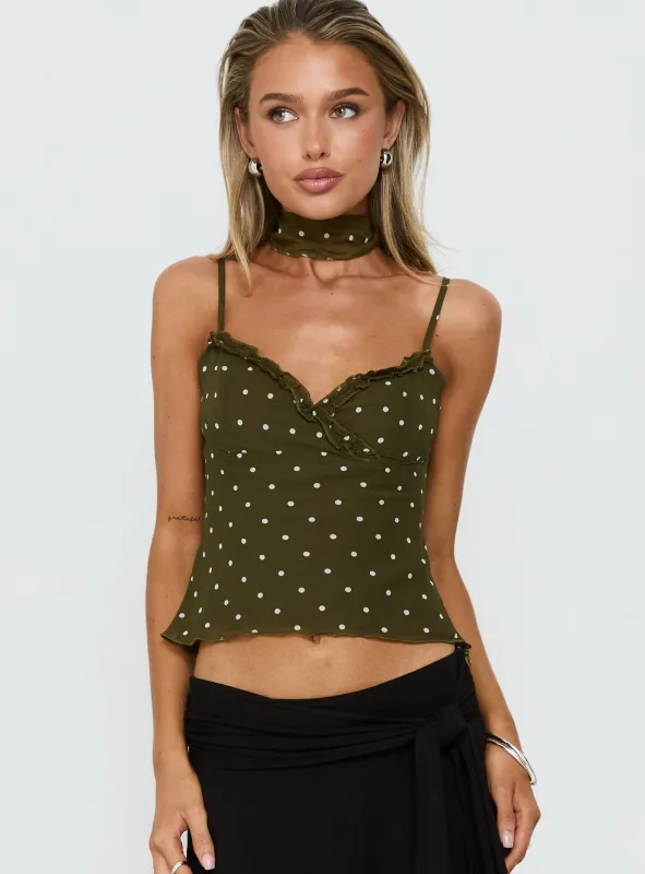Mishy Scarf Detail Cami Top Olive Polka made by Princess Polly