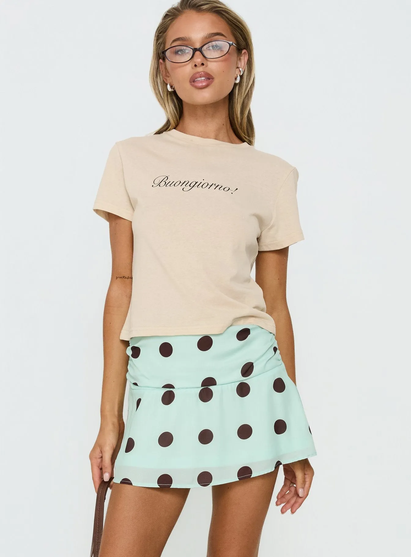Elicia Ruched Mini Skirt Mint / Chocolate Polka Dot sold by Princess Polly