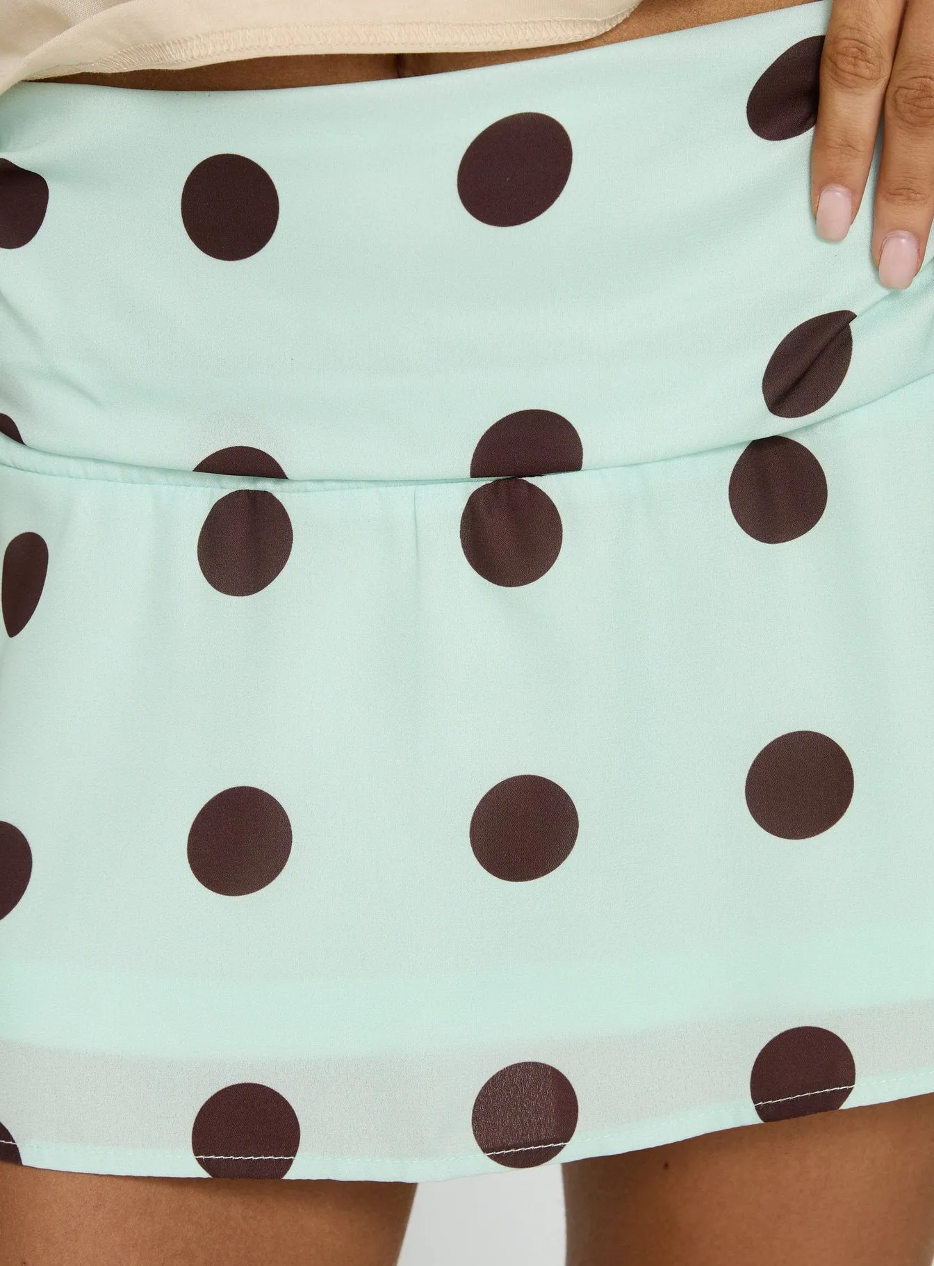 Elicia Ruched Mini Skirt Mint / Chocolate Polka Dot sold by Princess Polly product image thumbnail 5