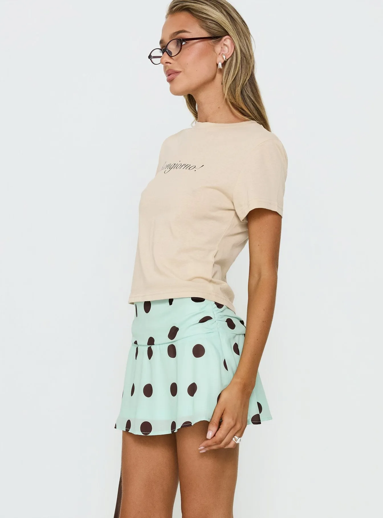Elicia Ruched Mini Skirt Mint / Chocolate Polka Dot sold by Princess Polly product image thumbnail 3