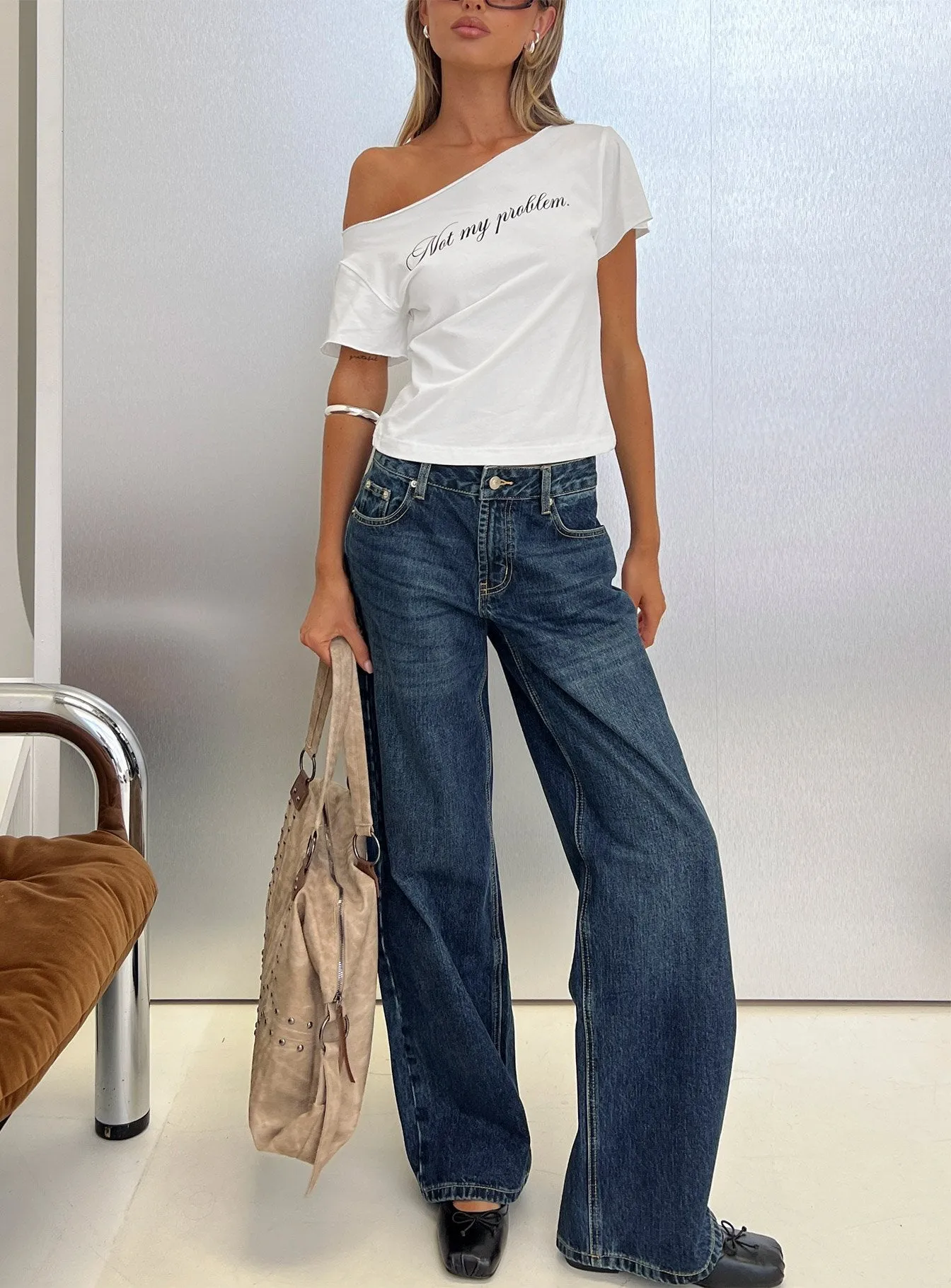 Serenitia Mid Rise Straight Leg Relaxed Jeans Dark Blue Wash sold by Princess Polly