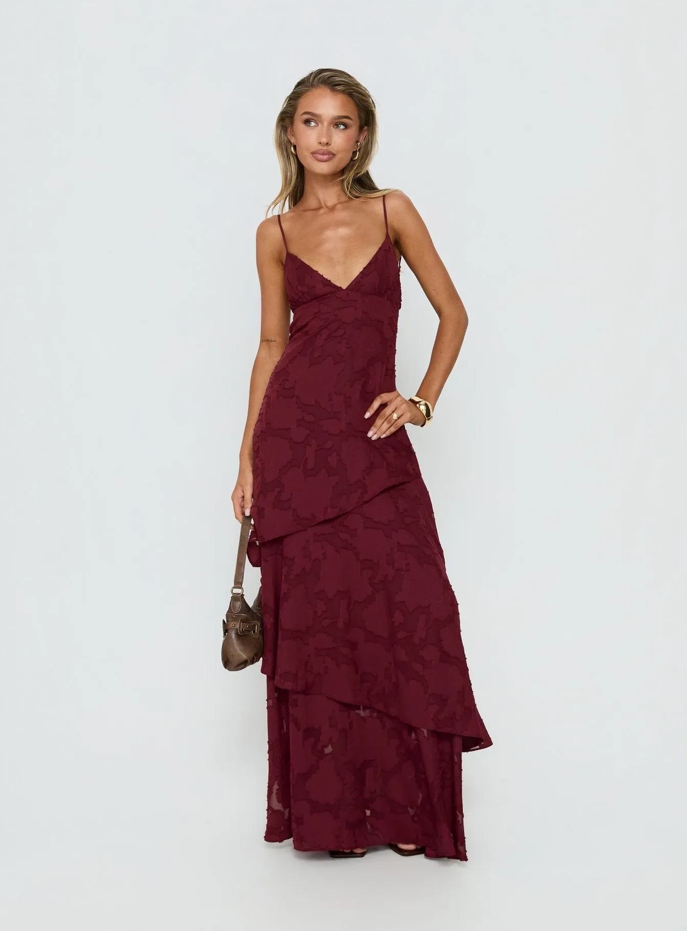 Lyricah Tiered Tie Back Maxi Dress Burgundy sold by Princess Polly product image thumbnail 3