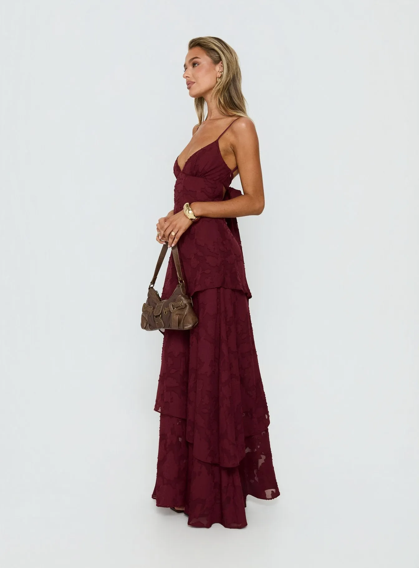 Lyricah Tiered Tie Back Maxi Dress Burgundy sold by Princess Polly product image thumbnail 4
