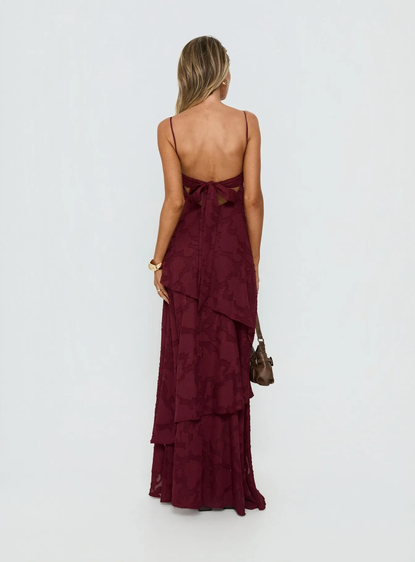 Lyricah Tiered Tie Back Maxi Dress Burgundy sold by Princess Polly product image thumbnail 5