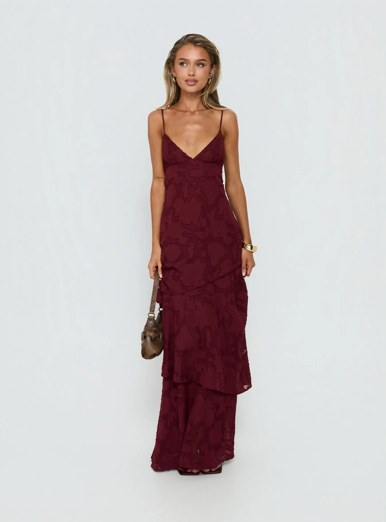 Lyricah Tiered Tie Back Maxi Dress Burgundy sold by Princess Polly product image thumbnail 2