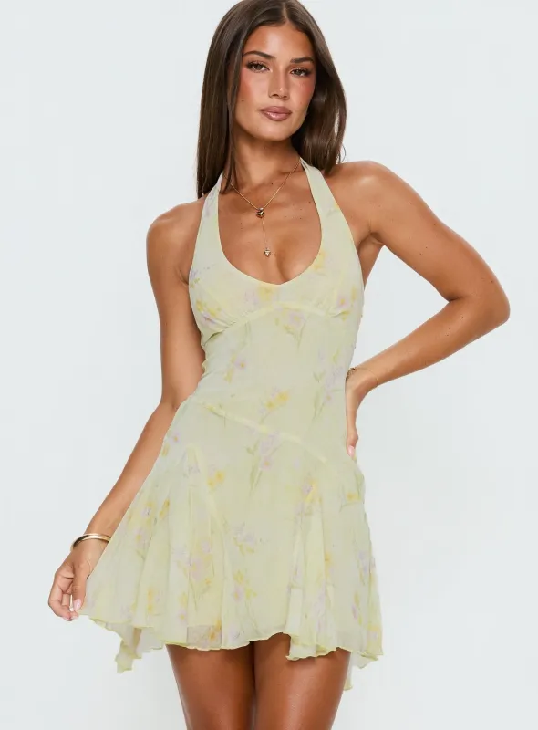 Isidorah Halter Pleat Mini Dress Yellow Floral made by Princess Polly