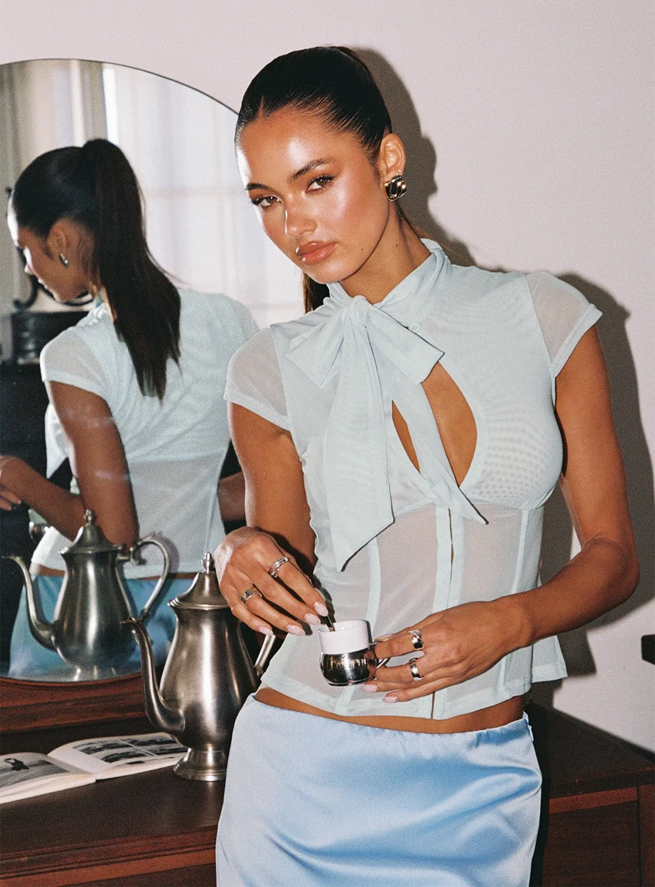 Anistasia Mesh Keyhole Corset Top Icy Blue sold by Princess Polly