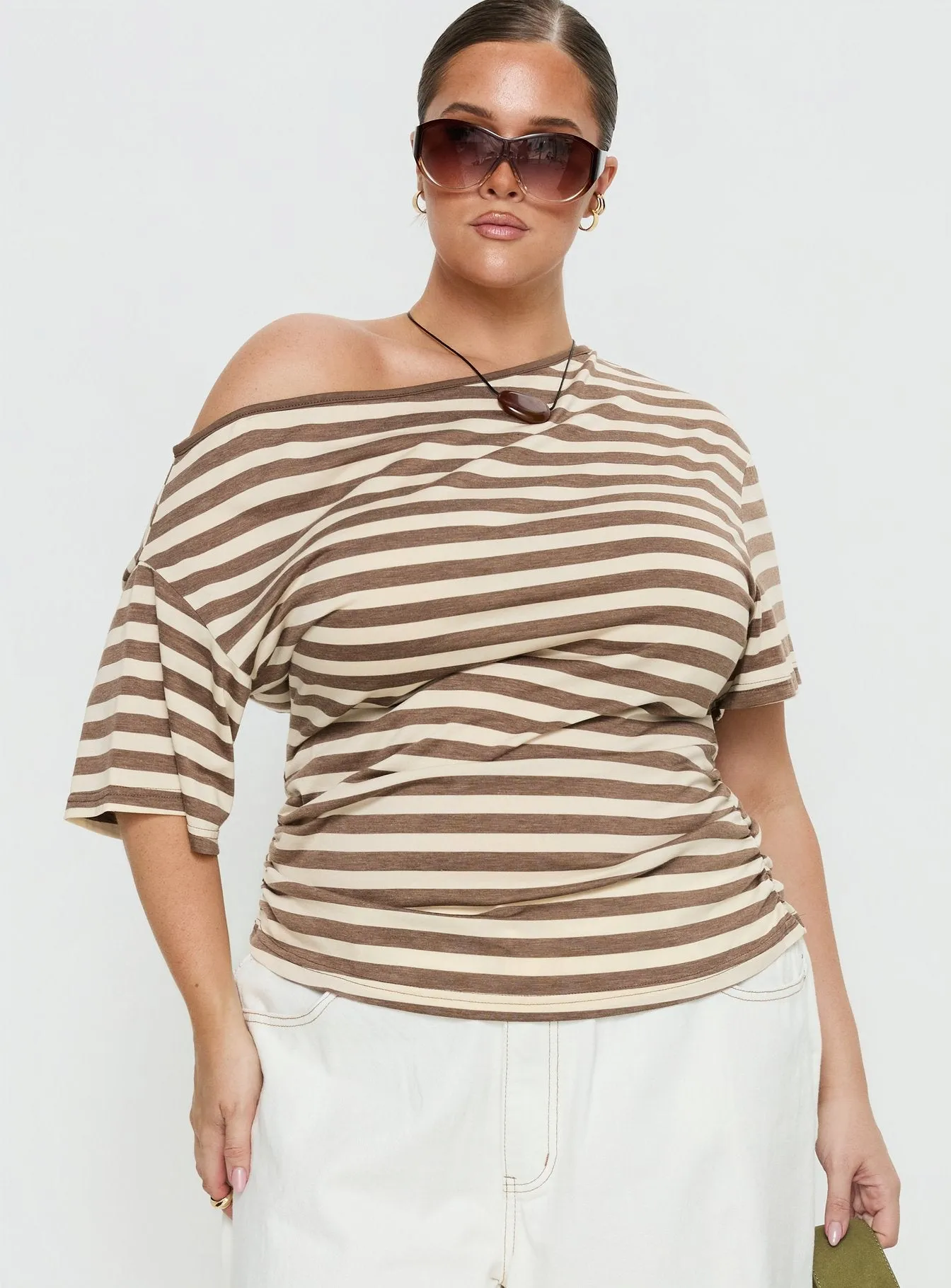 Emlynn Off Shoulder Top Brown Stripe Curve sold by Princess Polly product image thumbnail 2