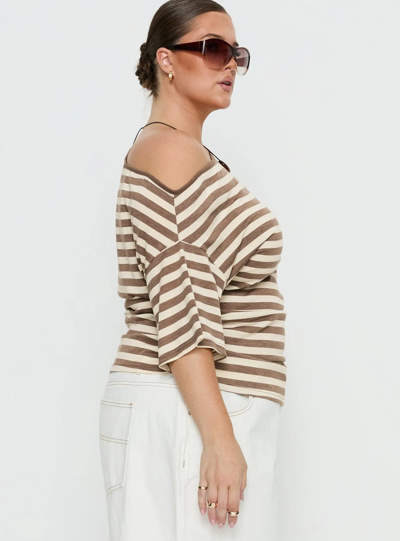 Emlynn Off Shoulder Top Brown Stripe Curve sold by Princess Polly product image thumbnail 4