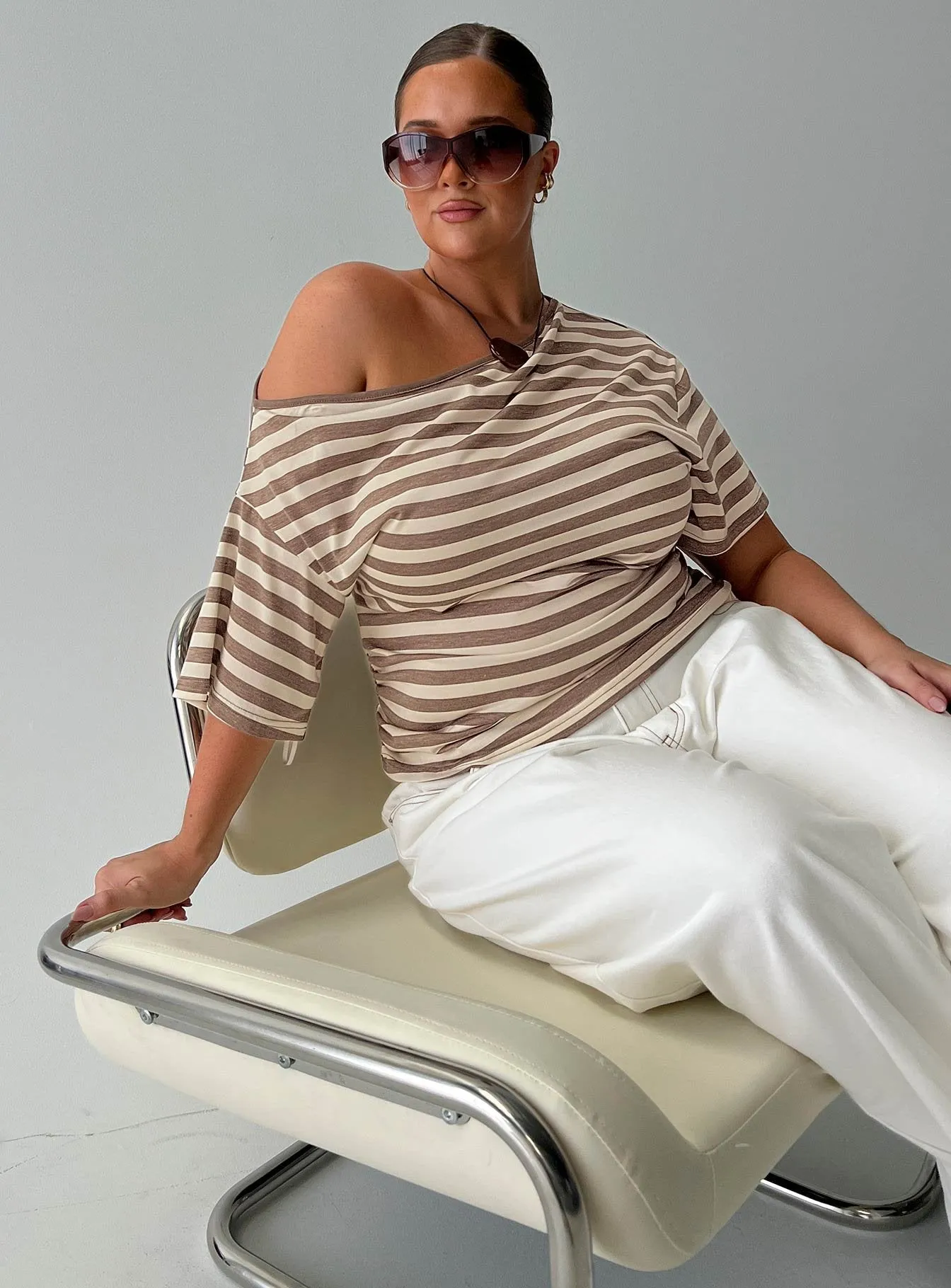 Emlynn Off Shoulder Top Brown Stripe Curve sold by Princess Polly