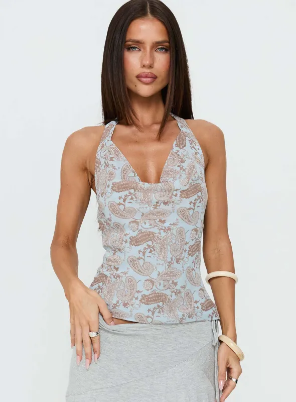 Xiomara Cowl Halter Top Blue Paisley made by Princess Polly