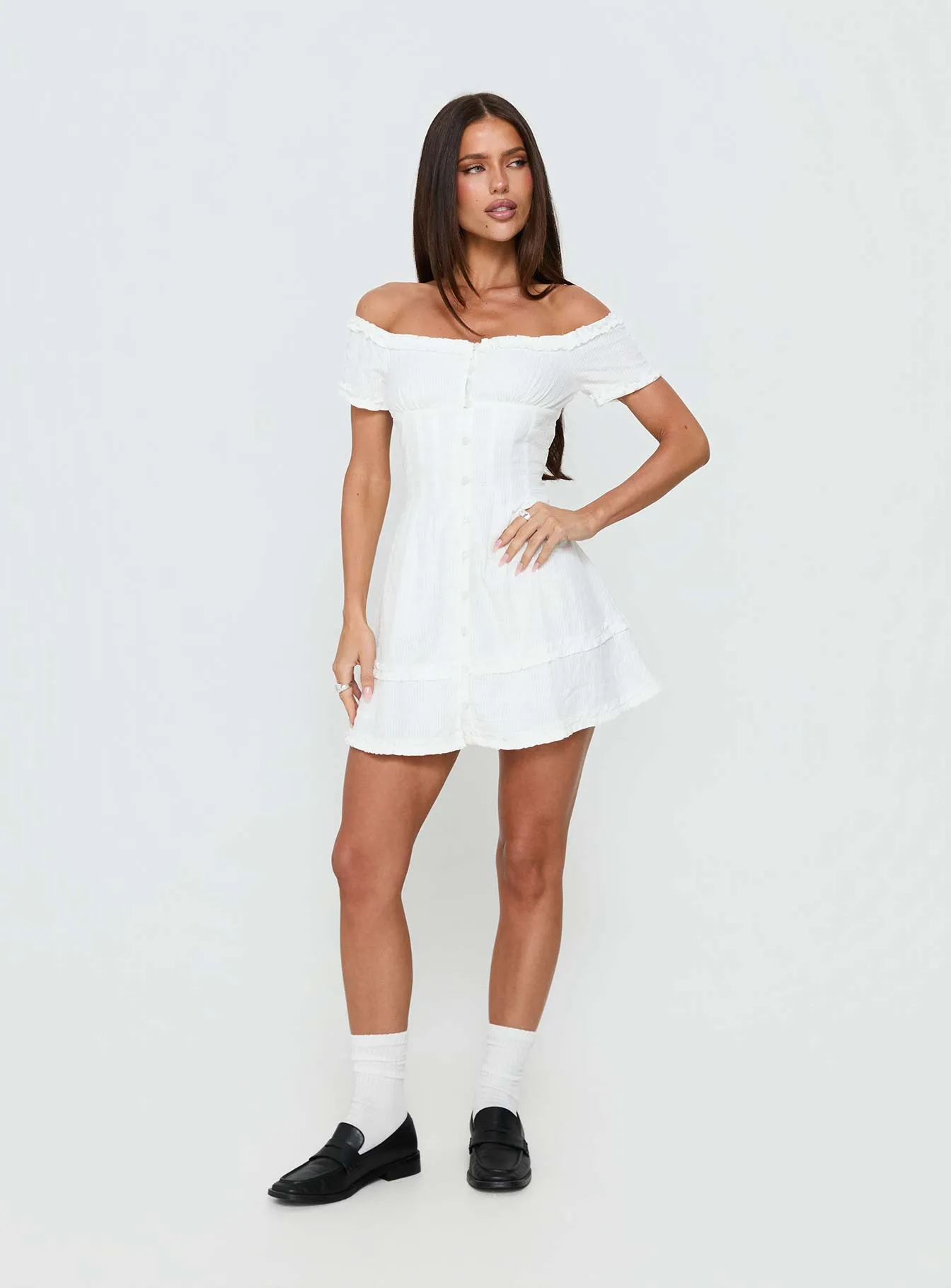 Zoela Off Shoulder Ruffle Mini Dress White sold by Princess Polly product image thumbnail 3