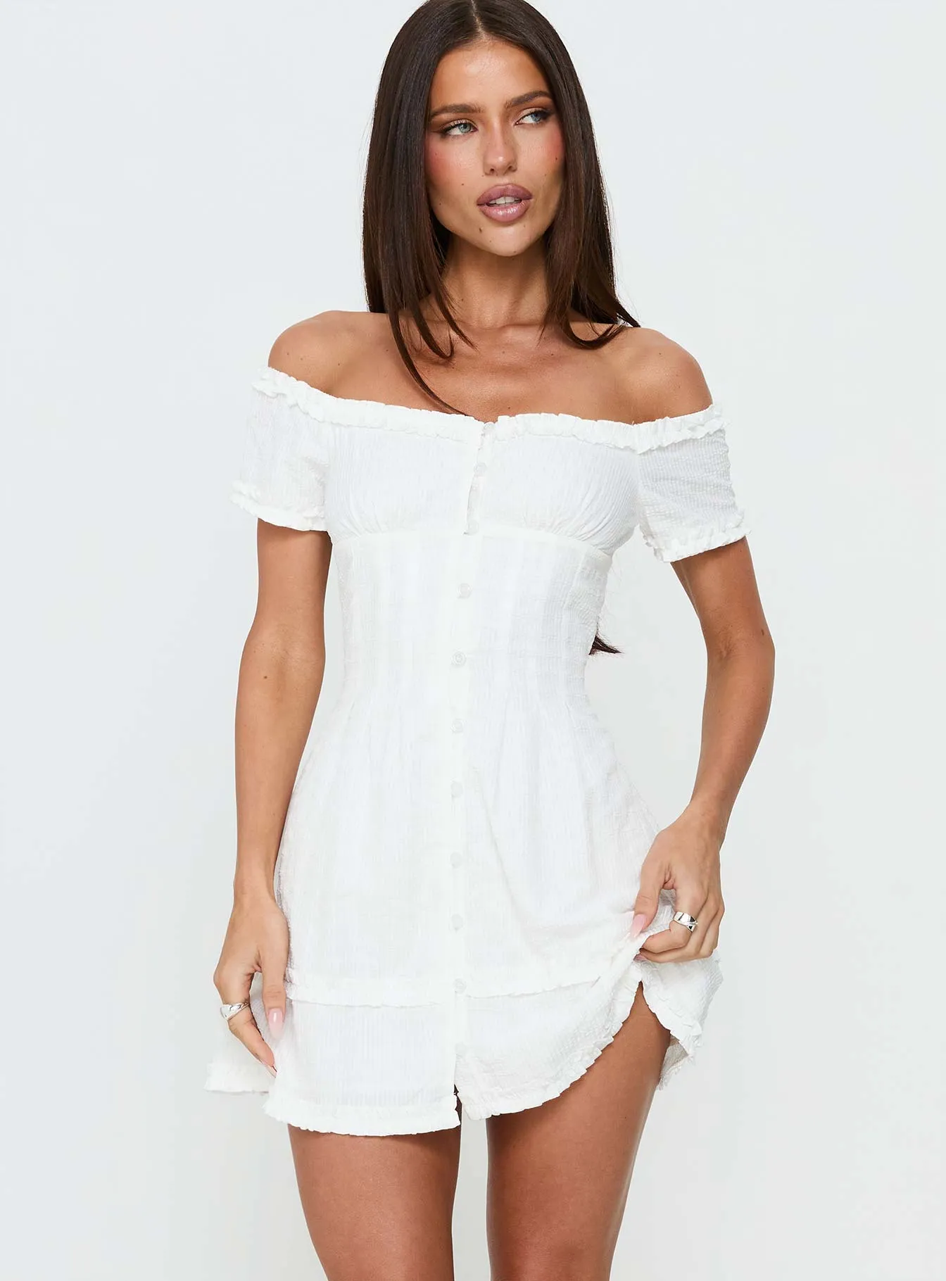 Zoela Off Shoulder Ruffle Mini Dress White sold by Princess Polly product image thumbnail 2