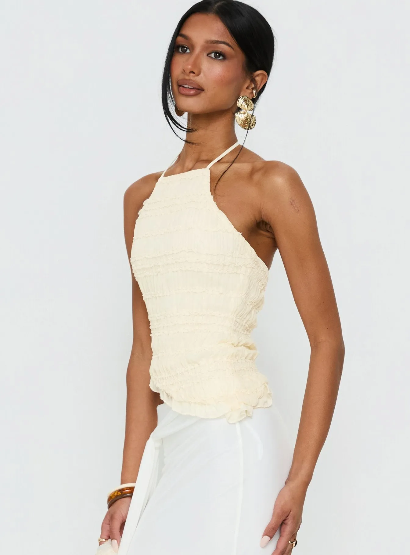 Stairway To Heaven Shirred Asymmetrical Halter Top Cream sold by Princess Polly product image thumbnail 4
