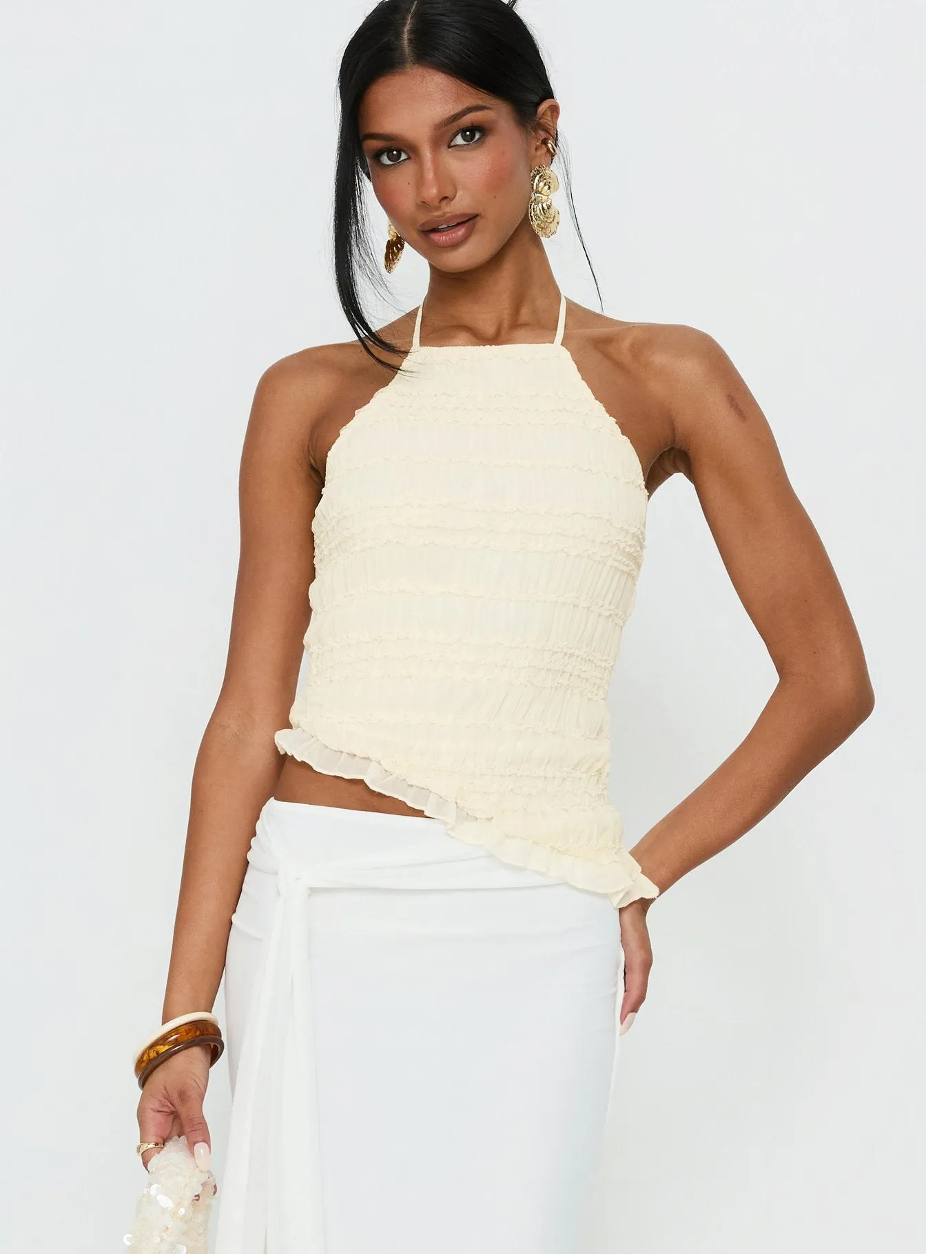 Stairway To Heaven Shirred Asymmetrical Halter Top Cream sold by Princess Polly product image thumbnail 2