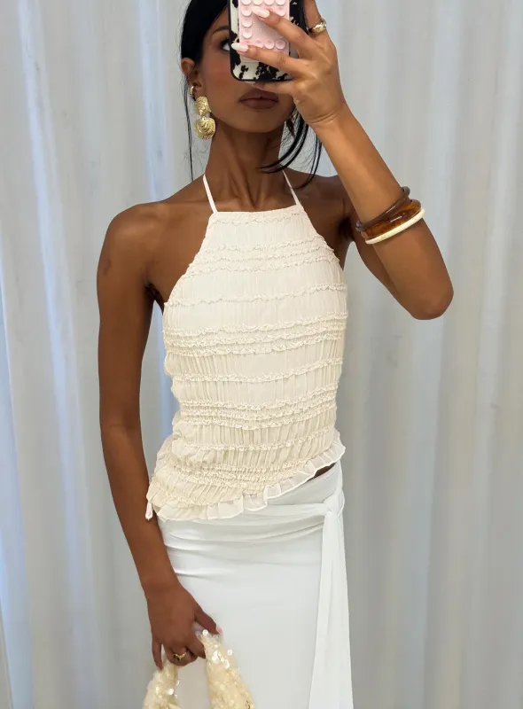 Stairway To Heaven Shirred Asymmetrical Halter Top Cream made by Princess Polly