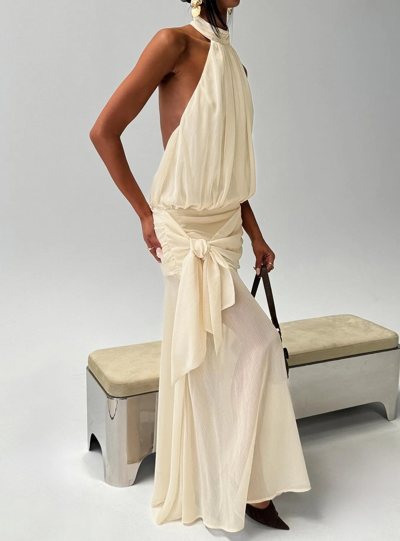Faythe High Neck Maxi Dress Butter sold by Princess Polly