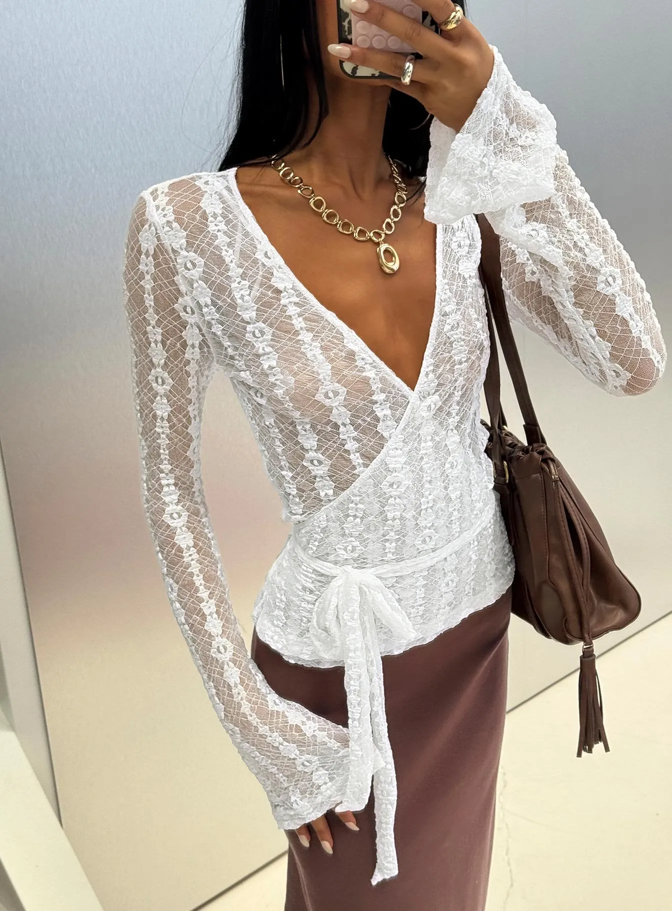 Melara Lace Long Sleeve Wrap Top White sold by Princess Polly
