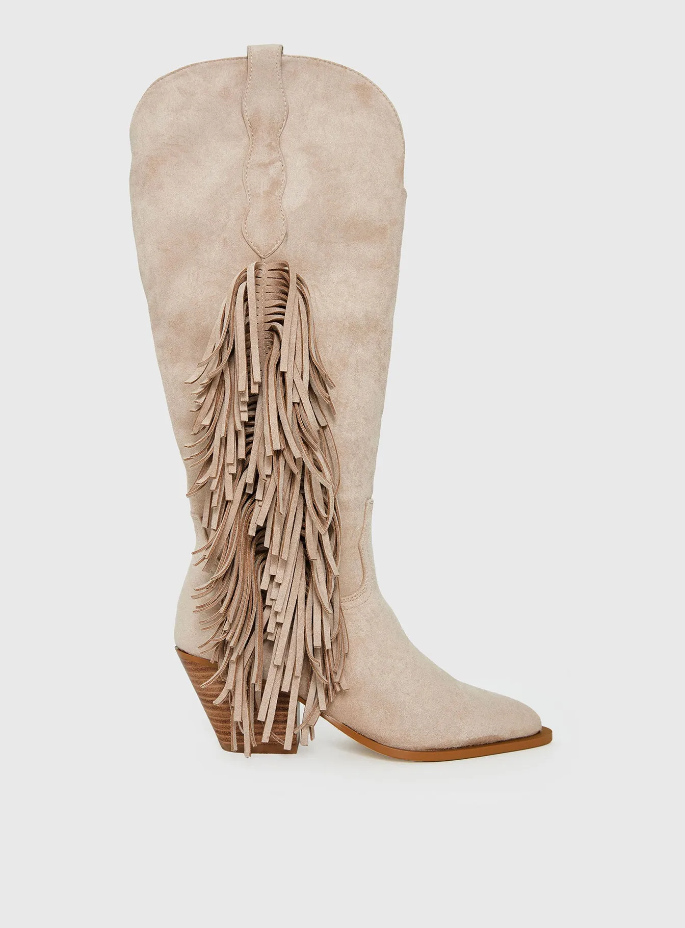 Billini Ardie Faux Suede Tassel Cowboy Boots Light Beige sold by Princess Polly