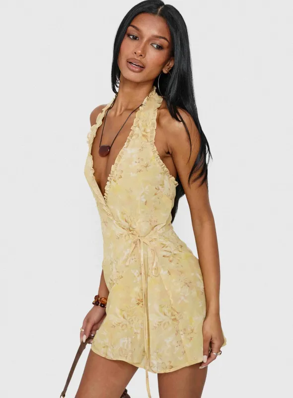 Taija Wrap Mini Dress Yellow Floral made by Princess Polly