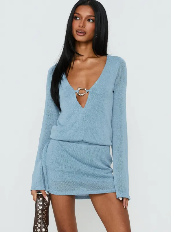 Charming Long Sleeve Mini Dress Dusty Blue made by Princess Polly