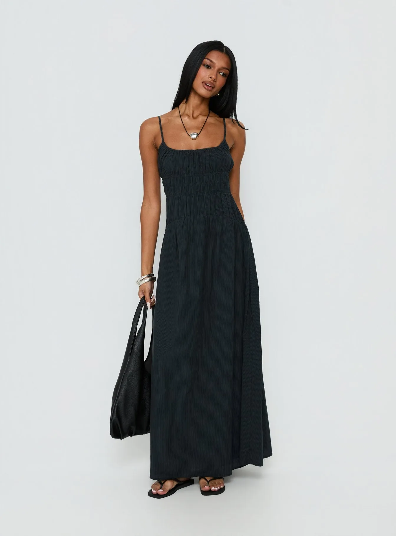 Magnolie Shirred Maxi Dress Charcoal sold by Princess Polly