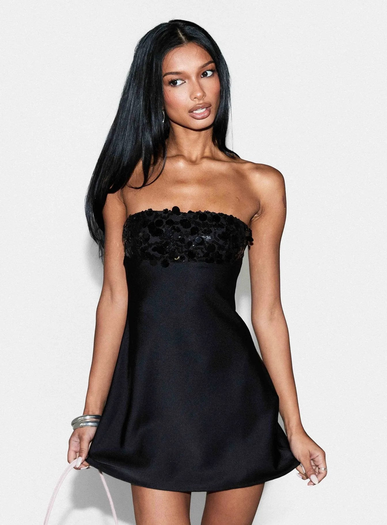 Kaylanie Strapless Sequin Mini Dress Black sold by Princess Polly