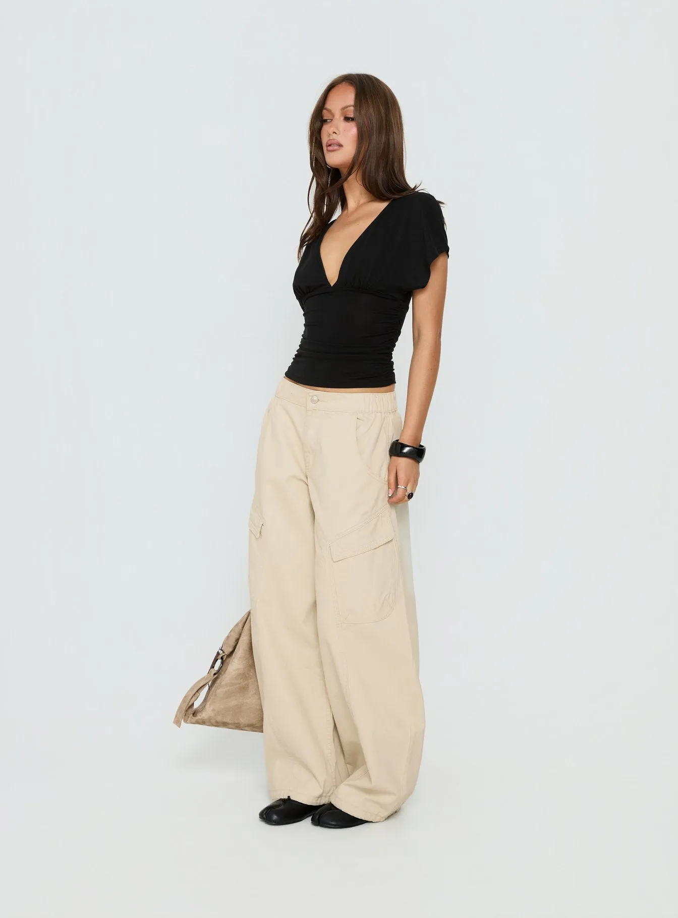 Selective Memory Low Rise Wide Leg Cargo Pants Cream sold by Princess Polly product image thumbnail 4