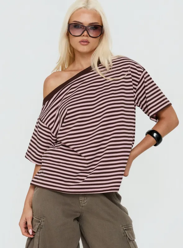 Settle Down One Shoulder Top Pink / Chocolate Stripe made by Princess Polly