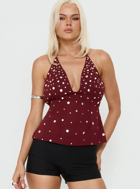 Tekapo Studded V-Neck Top Burgundy made by Princess Polly