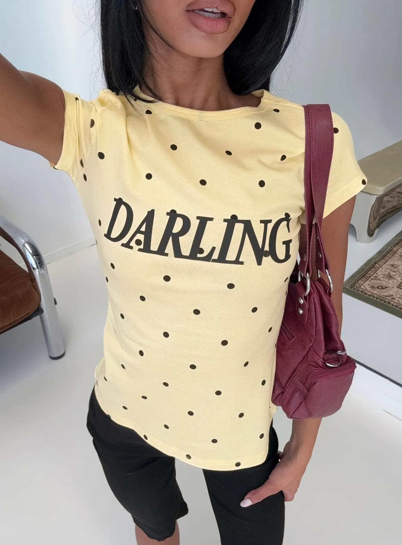 Darling Girl Graphic Top Yellow Polka Dot sold by Princess Polly