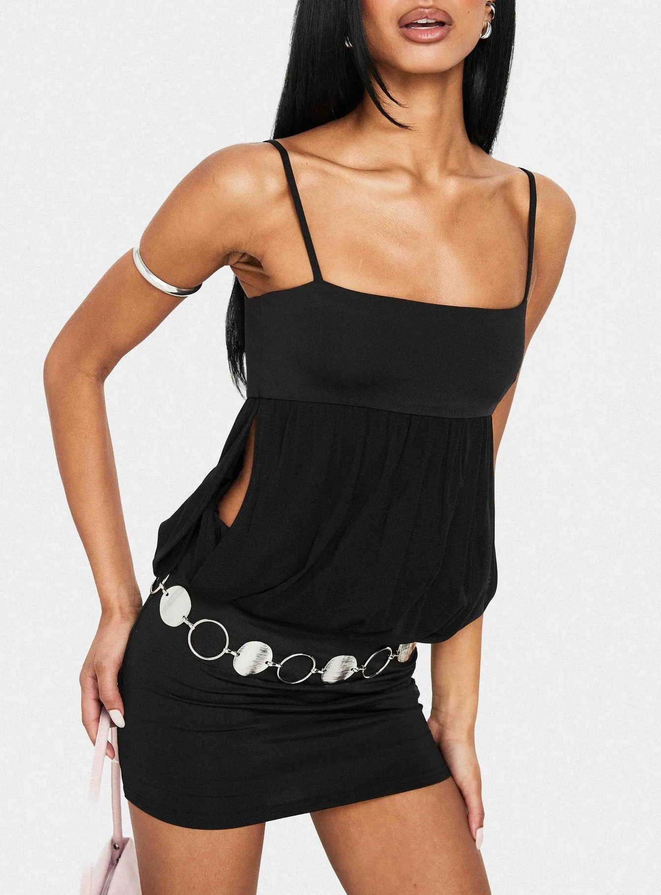 Franciska Sheer Blouson Mini Dress Black sold by Princess Polly