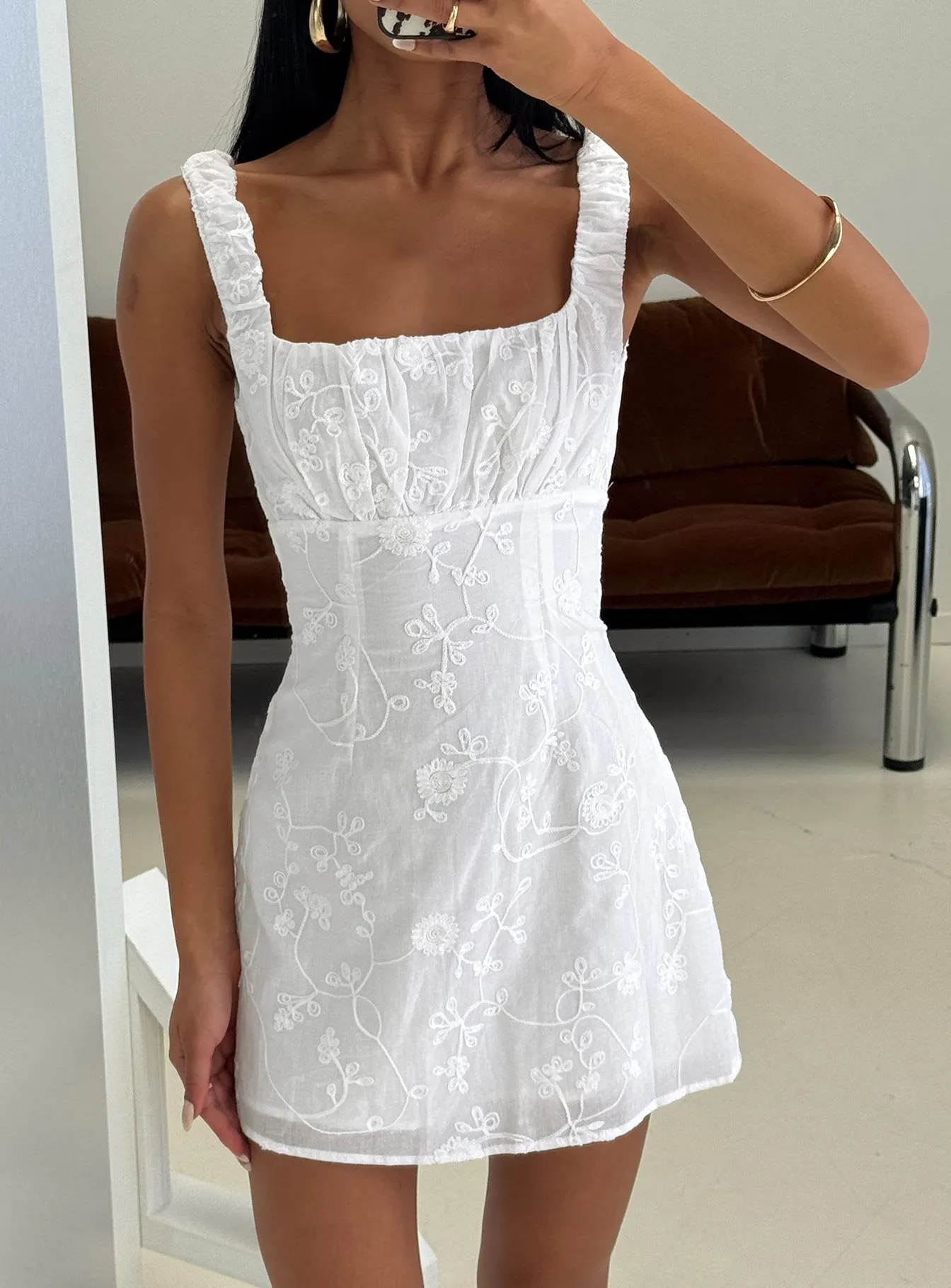 Donnamarie Embroidered Mini Dress White sold by Princess Polly