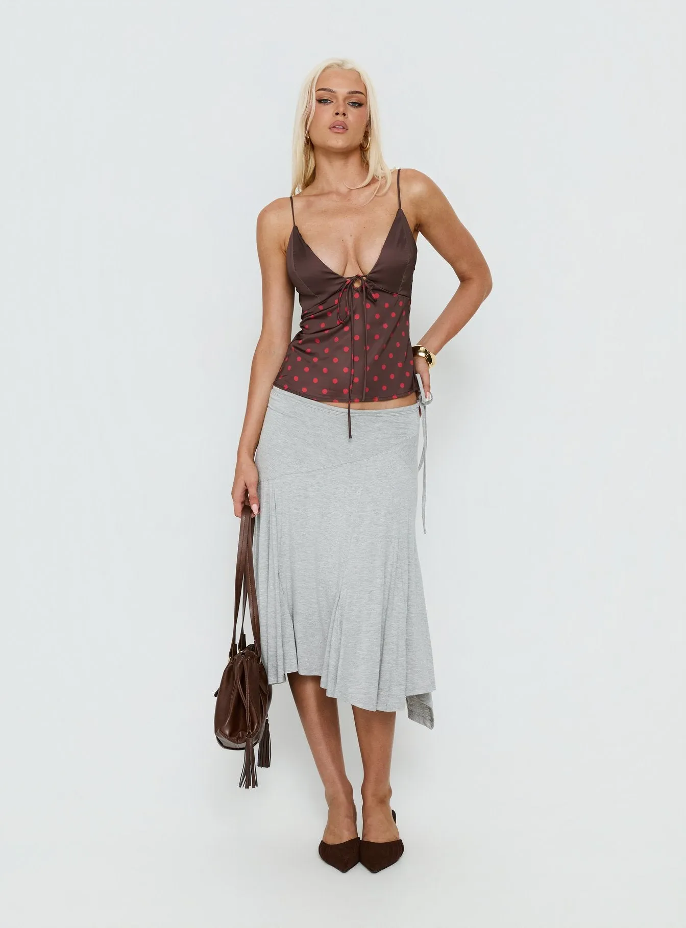 Warm Light Tie Detail Satin Cami Top Chocolate Polka Dot sold by Princess Polly product image thumbnail 3