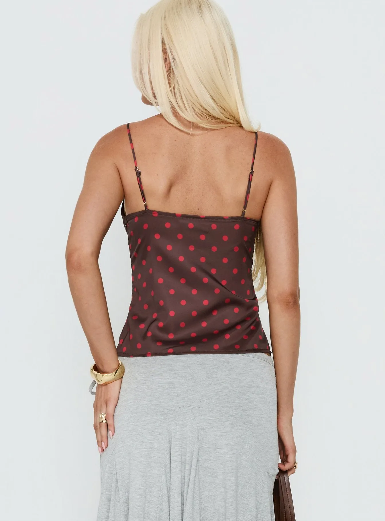 Warm Light Tie Detail Satin Cami Top Chocolate Polka Dot sold by Princess Polly product image thumbnail 5