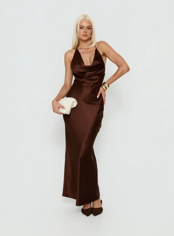 Yazmeina Halter Keyhole Maxi Dress Brown made by Princess Polly