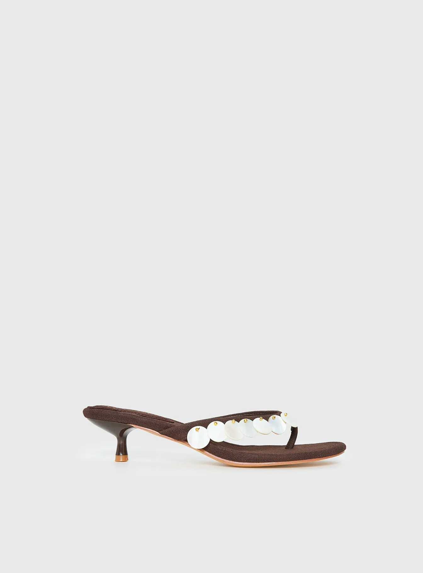Ginnia Shell Detail Thong Heels Chocolate sold by Princess Polly