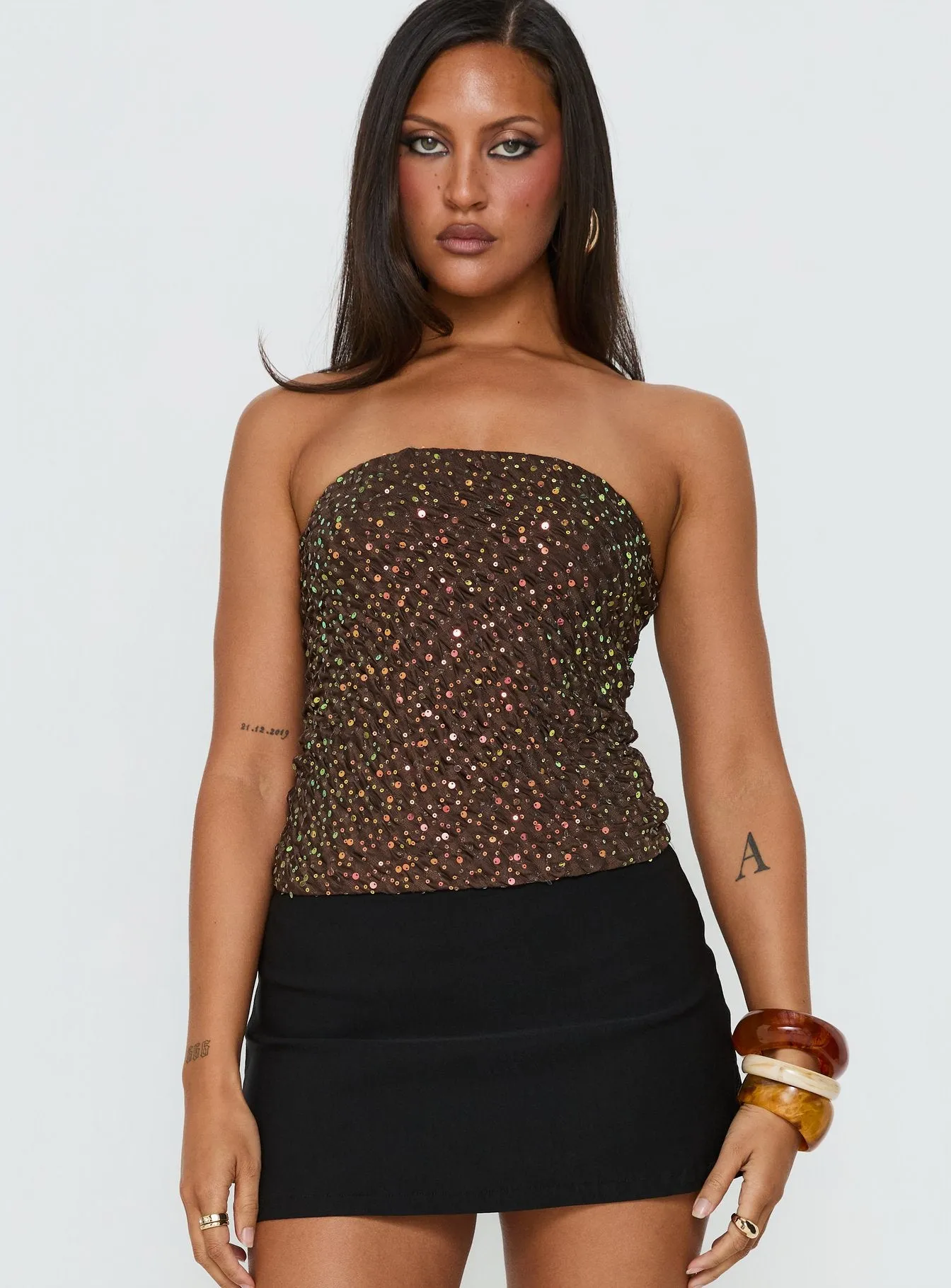 Zohara Sequin Strapless Top Brown sold by Princess Polly