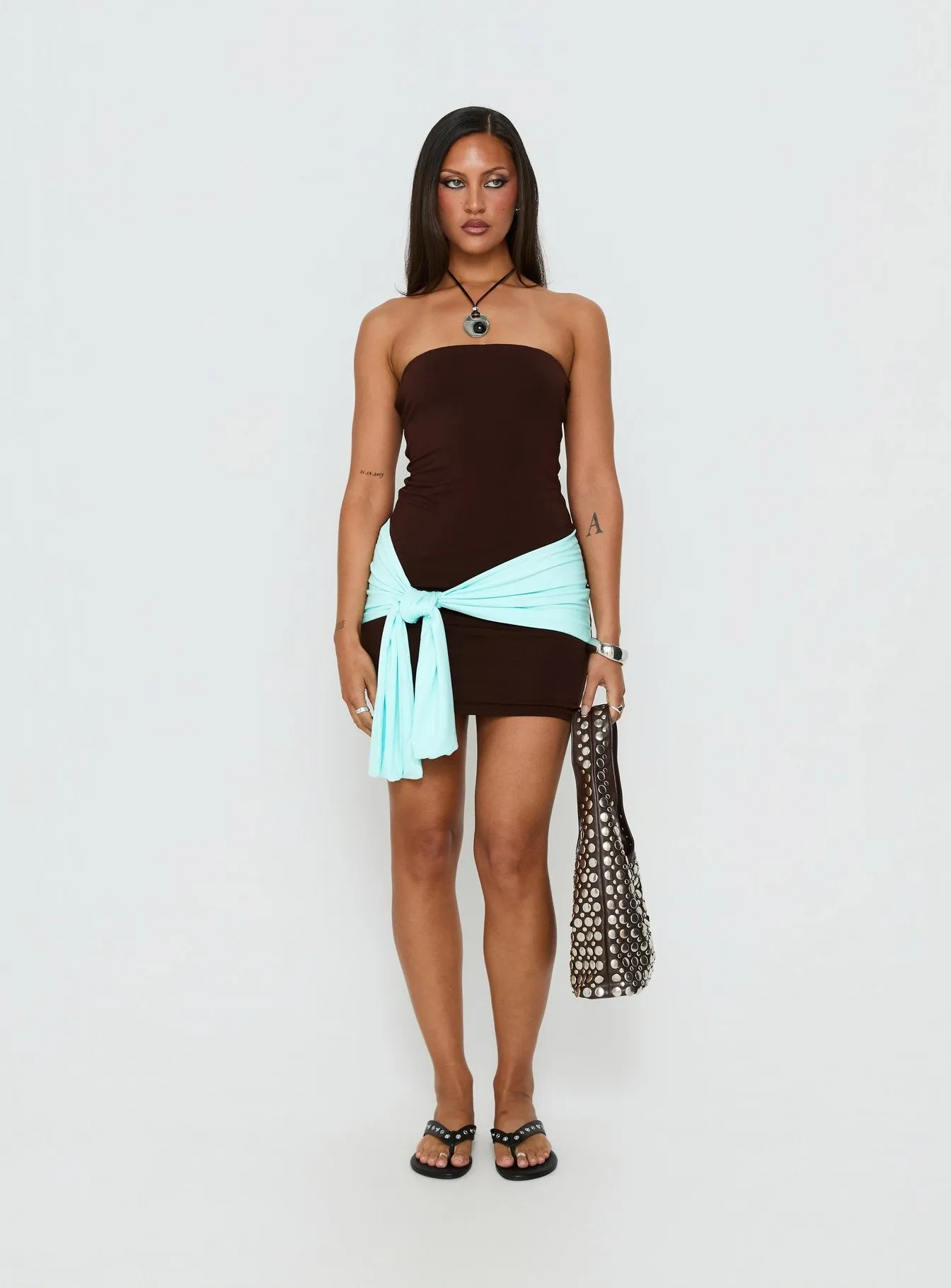 Teeah Strapless Tie Detail Contrast Mini Dress Brown / Blue sold by Princess Polly product image thumbnail 3