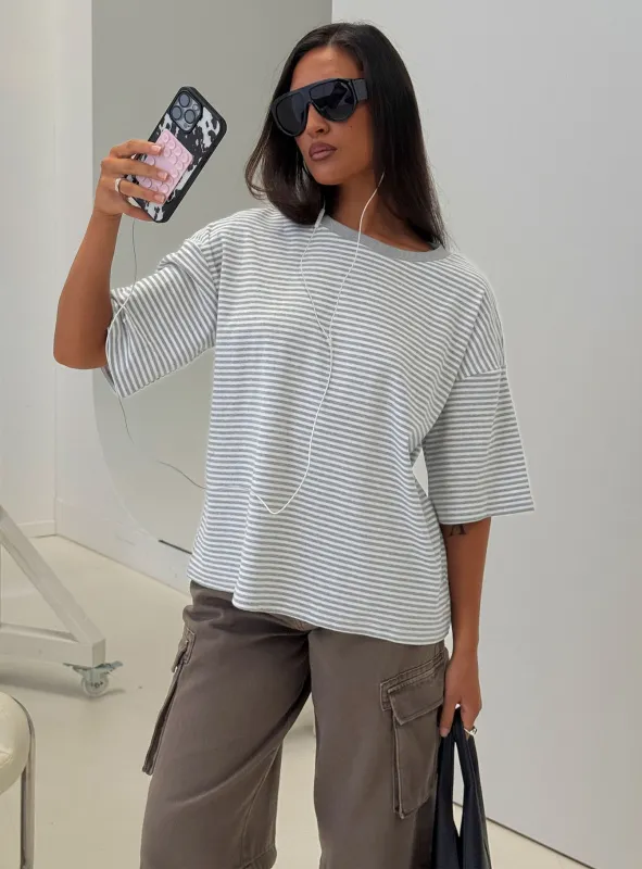 Settle Down Short Sleeve Top Grey / White Stripe made by Princess Polly