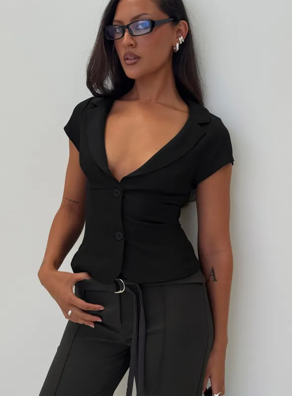Alexandrea Plunge Button Up Top Black made by Princess Polly