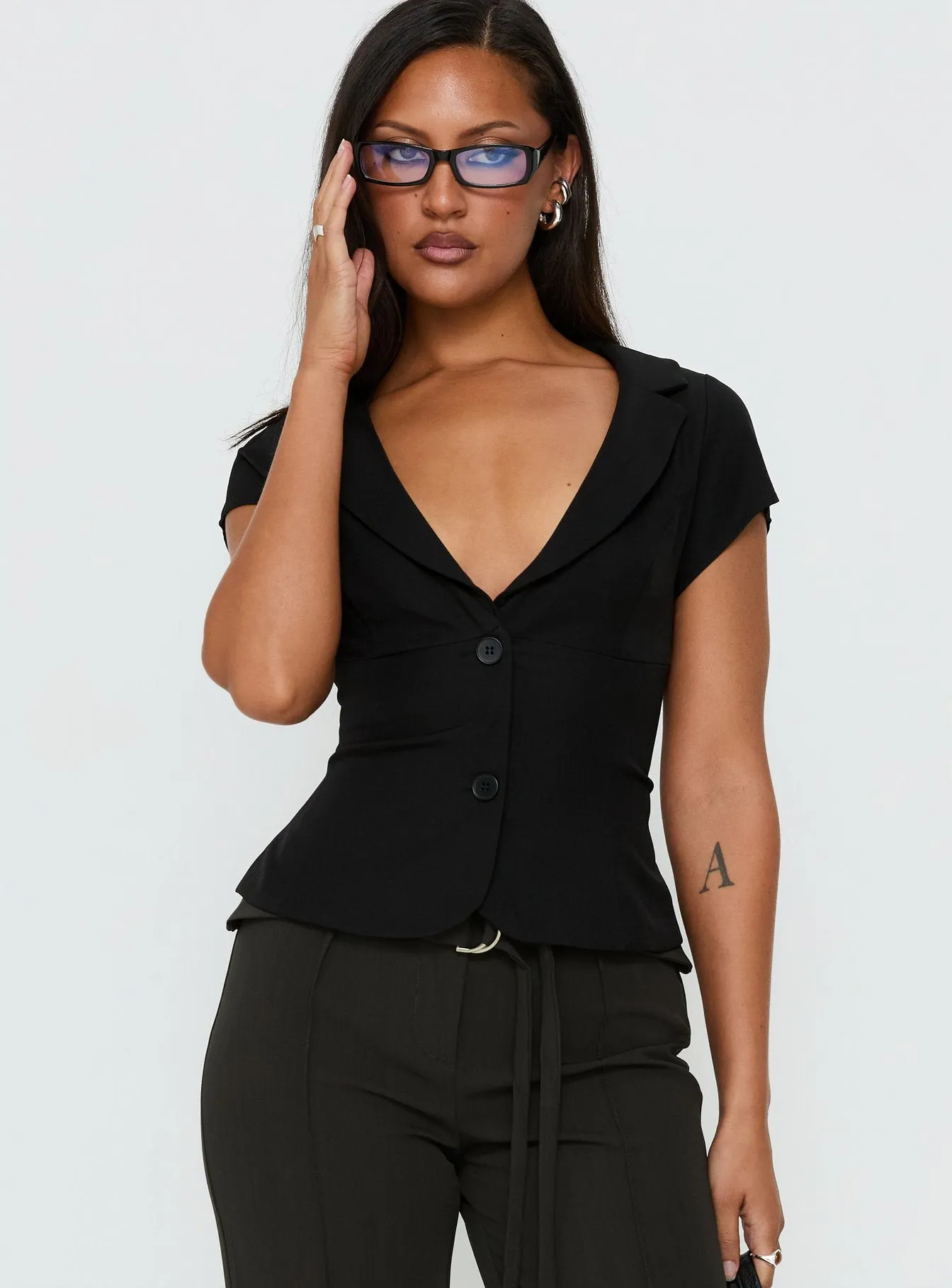 Alexandrea Plunge Button Up Top Black sold by Princess Polly product image thumbnail 2
