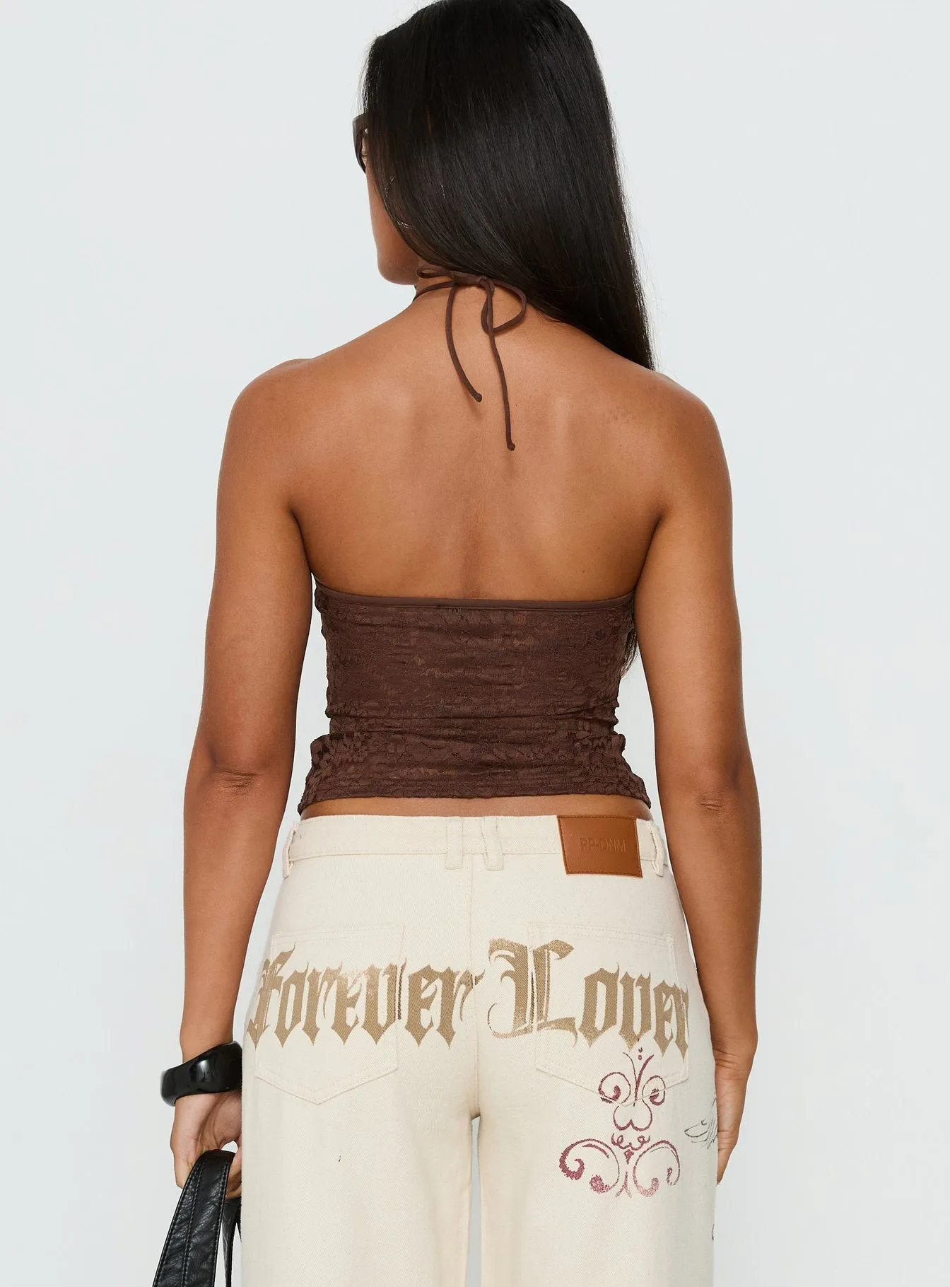 Janais Lace Tie Neck Top Chocolate sold by Princess Polly product image thumbnail 4