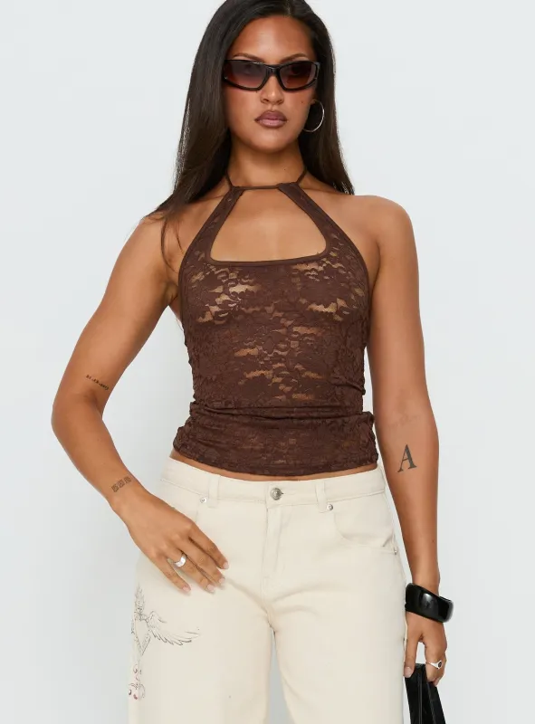 Janais Lace Tie Neck Top Chocolate made by Princess Polly