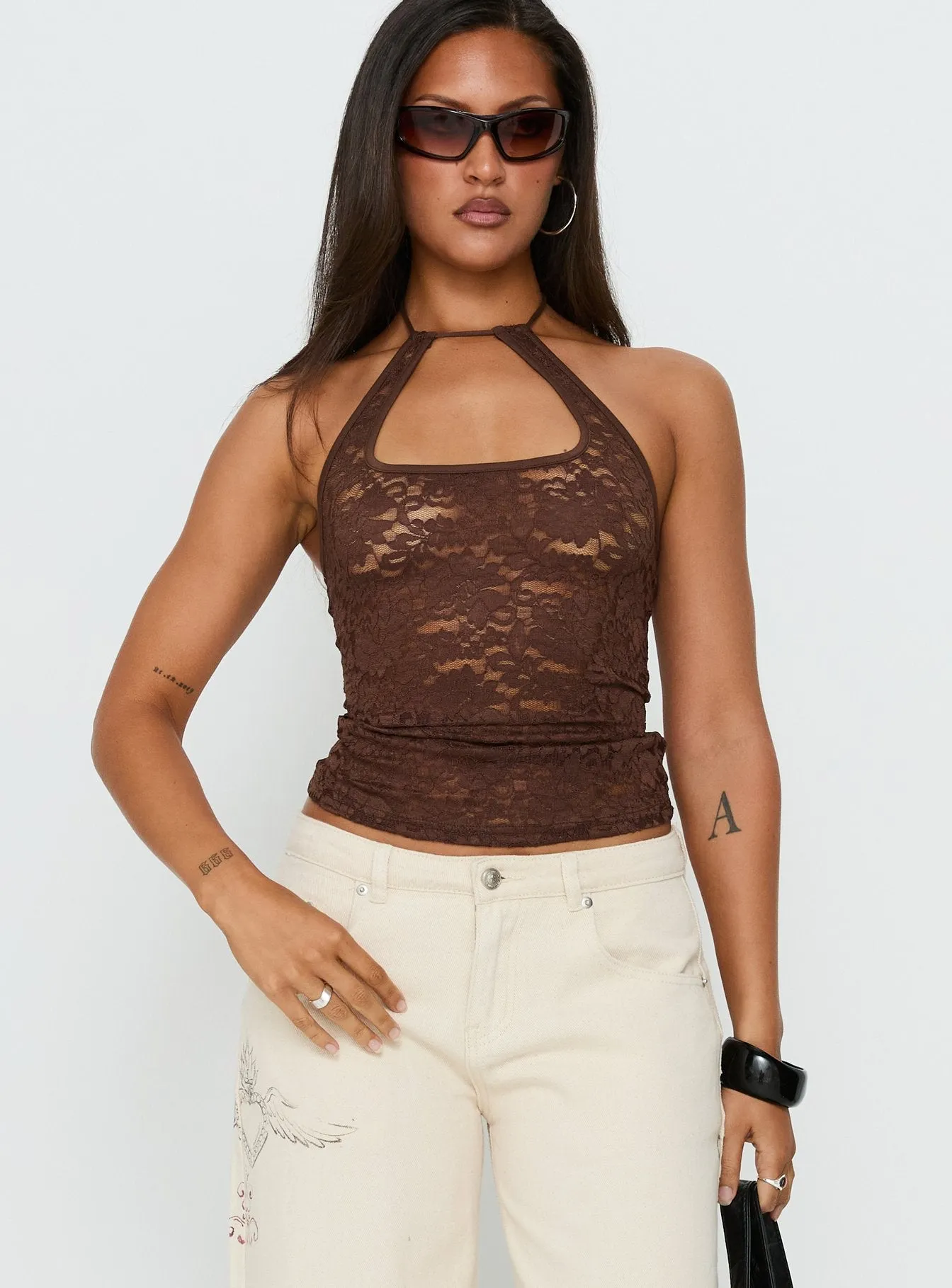 Janais Lace Tie Neck Top Chocolate sold by Princess Polly