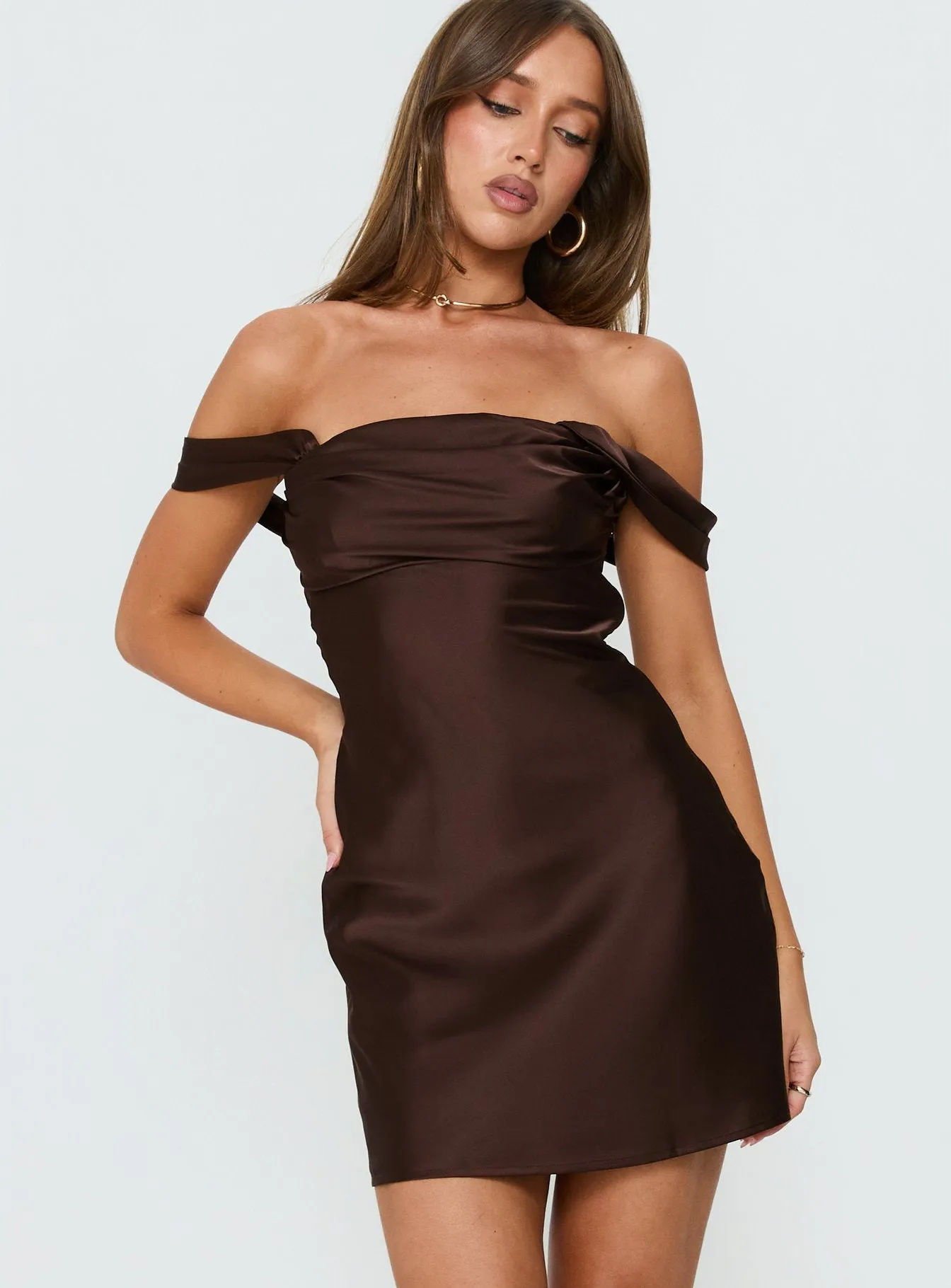 Zabbarra Off The Shoulder Mini Dress Chocolate sold by Princess Polly product image thumbnail 3