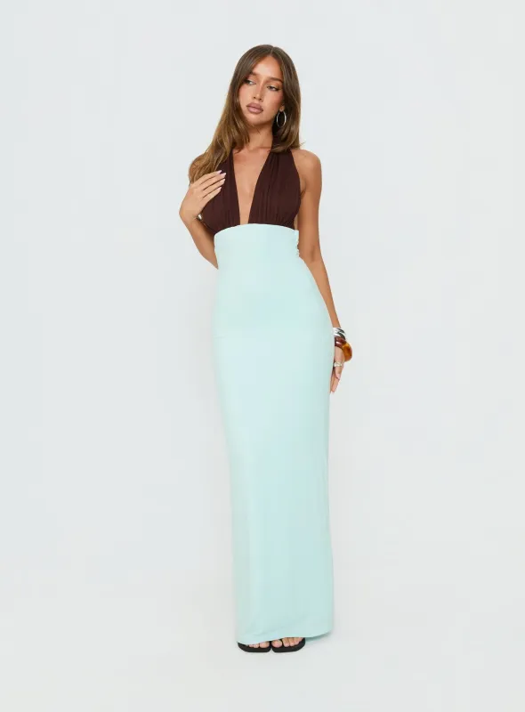 Dulzura Halter Maxi Dress Blue / Brown made by Princess Polly