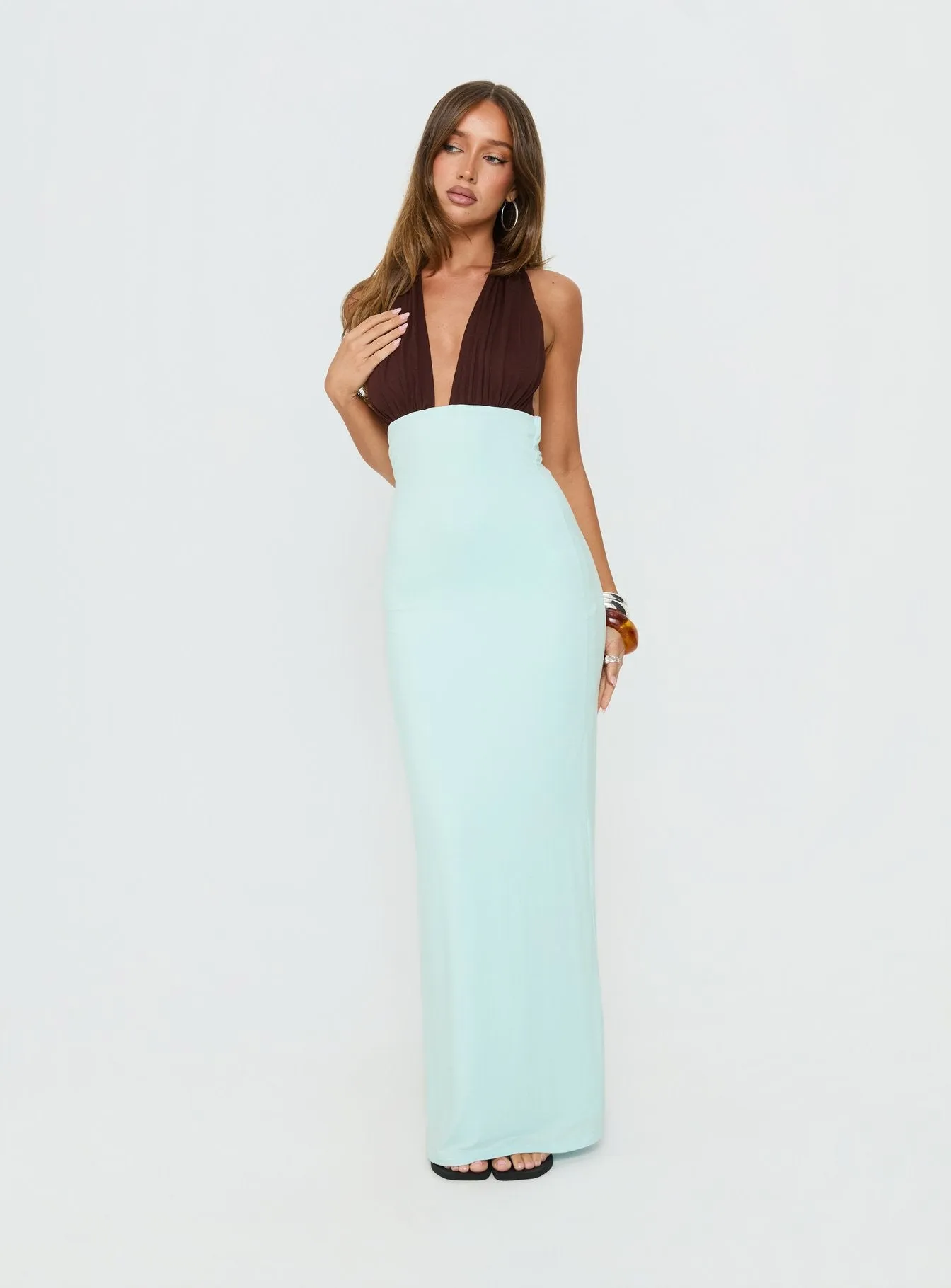Dulzura Halter Maxi Dress Blue / Brown sold by Princess Polly